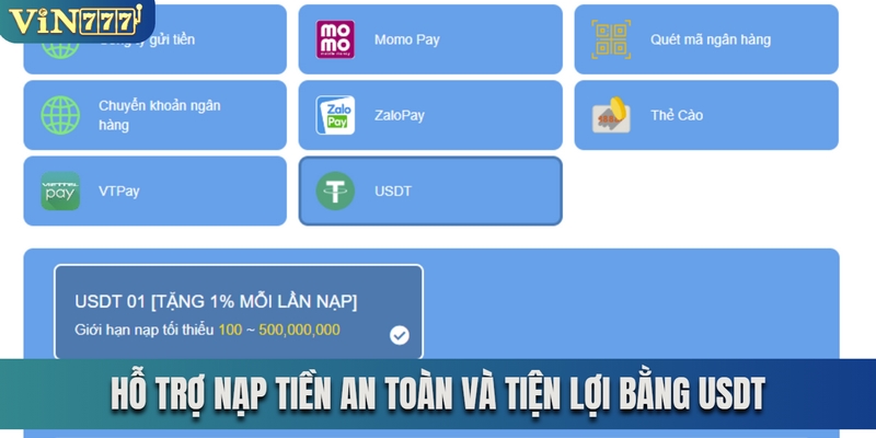 Hỗ trợ nạp tiền an toàn và tiện lợi bằng USDT